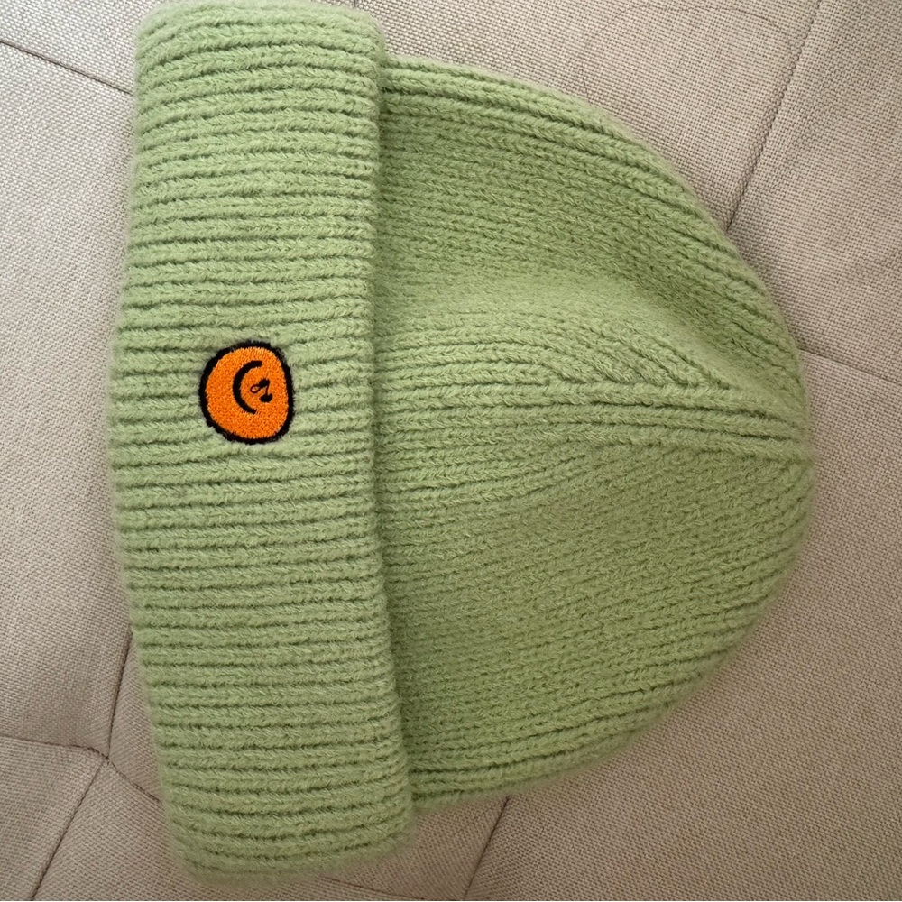 Green Knit Beanie with Smiley Patch